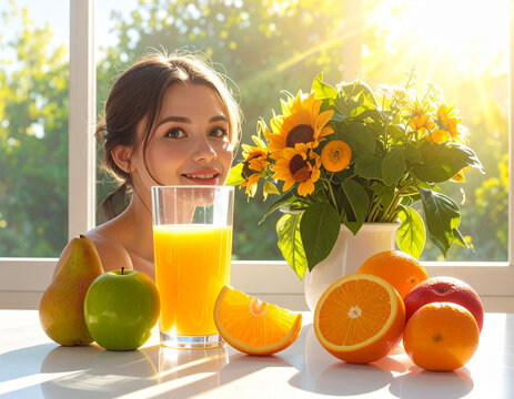 Happy young woman with fresh orange juice and fruits in morning