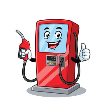 Cute Cartoon Gas Pump Character with Fuel Nozzle and Smiling Face Vector Illustration