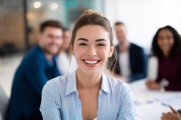 Obraz premium Portrait of happy smiling confident young very attractive businesswoman CEO professional manager entrepreneur in a skirt in a business meeting teamwork looking at camera
