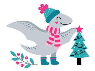 Cute dinosaur decorating a Christmas tree in winter gear. Flat vector illustration for holiday designs. © Aji