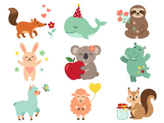Fototapeta premium Set of Cute Cartoon Animal Illustrations for Kids Nursery and Stickers