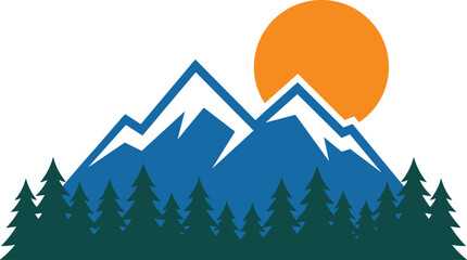 Mountain landscape with pine forest and bright orange sun nature © MDSAMIULISLAM