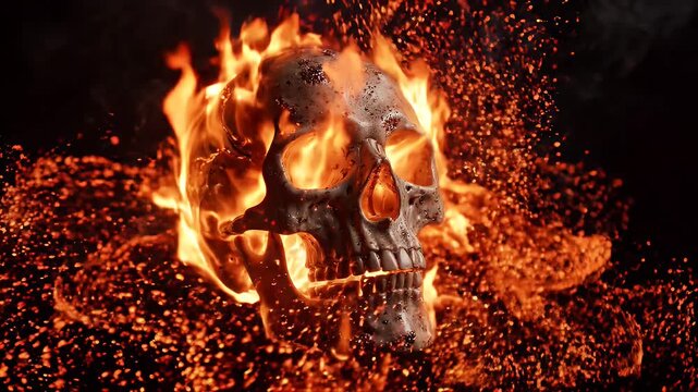 Flaming Skull Rotating with Ember Particles - A close-up, slow-motion shot captures a detailed human skull engulfed in intense flames.