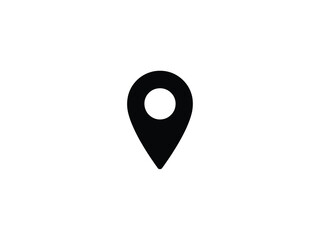 Location marker icon a black teardrop shape with a central circle on a white background pin point spot © VoDesign02