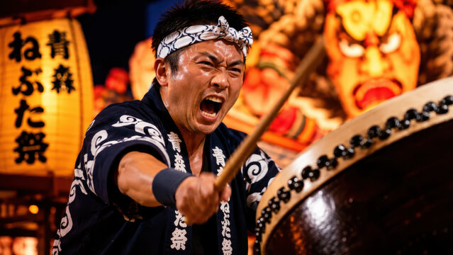 Summer lantern float festival drummer shouting during night parade, glowing giant warrior floats, taiko performance, traditional matsuri costume, dance procession, excitement, street rhythm