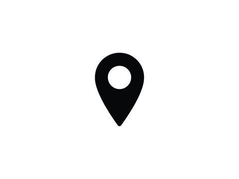 Location marker icon a black teardrop shape with a central circle on a white background pin point spot