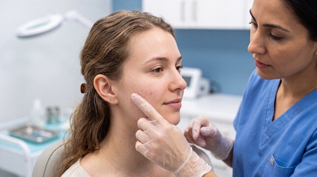 Dermatologist in blue scrubs examining a patient's skin on the cheek with a gloved finger ad social media download thambnail poster web template event festival 2026 2027 2028