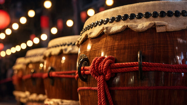 Traditional taiko drums with red rope bindings under glowing lanterns, japanese night parade music, wooden percussion closeup, matsuri atmosphere, cultural performance rhythm, warm glow