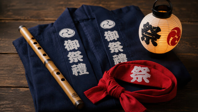 Japanese summer festival attire with navy happi coat, bamboo flute, red hachimaki headband, glowing paper lantern, table setting, traditional parade clothing, music instruments, folk ritual