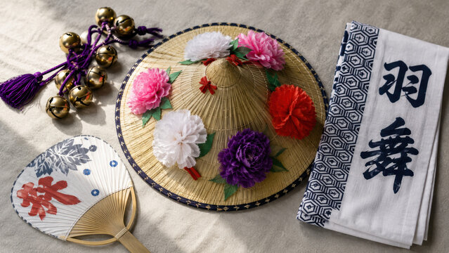 Traditional festival items with floral straw hat, folding fan, dancer cloth, brass bells, summer parade attire, paper flowers, folk performance props, textile patterns, cultural celebration