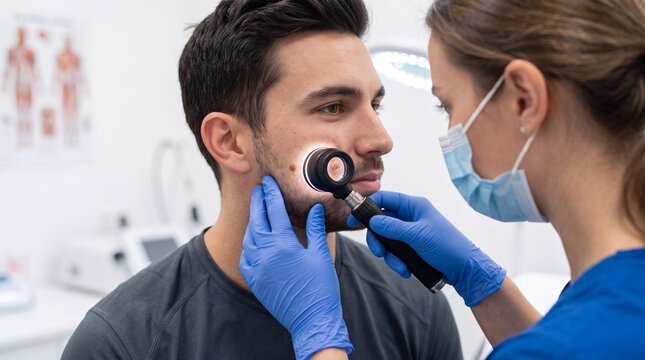 Dermatologist using a dermatoscope to examine a mole on a male patient's cheek in a medical ad social media download thambnail poster web template event festival 2026 2027 2028