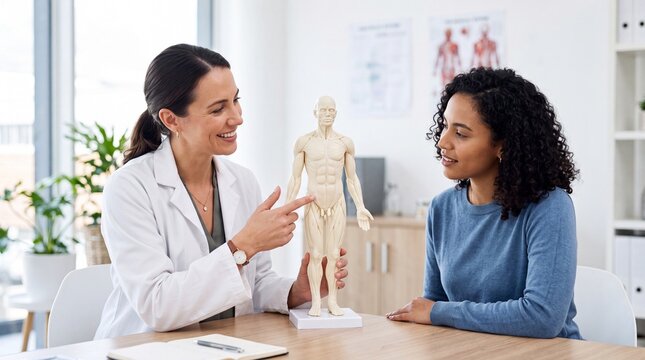 Dermatologist using a human anatomical model to explain health conditions to a female ad social media download thambnail poster web template event festival 2026 2027 2028