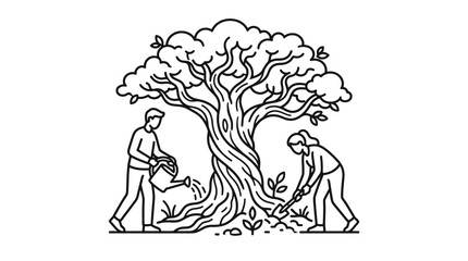 Obraz premium Corporate of Team Planting and Nurturing a Large Tree Together in Black and White Line Art Style