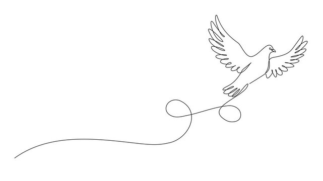 animated minimal continuous line art drawing of a flying dove, symbolizing peace, freedom, hope, line art animation