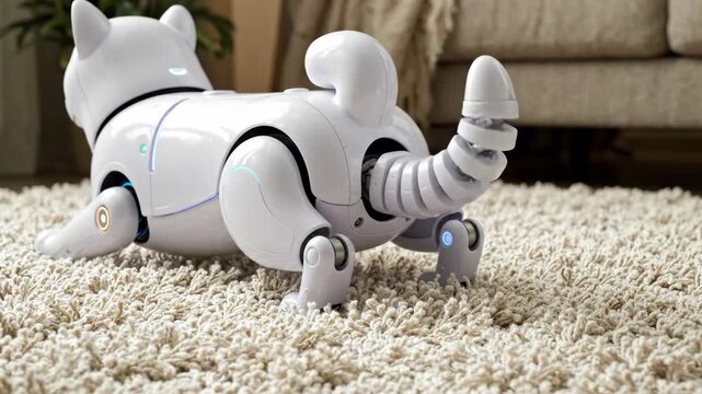 Robot dog wagging tail on beige carpet in living room with flexible neck and white plastic body showcasing playful robotic pet technology design