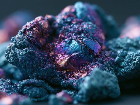 Close-up view of iridescent peacock ore with vibrant blue and purple hues