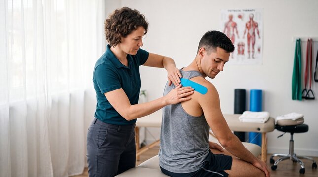 Physical therapist applying blue kinesiology tape to the shoulder of a male patient sitting ad social media download thambnail poster web template event festival 2026 2027 2028