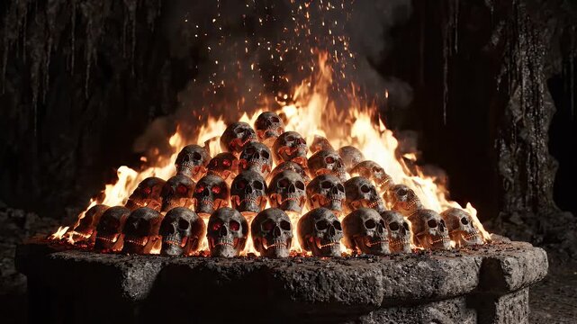 Pile of Burning Human Skulls Engulfed in Flames - A close-up, static shot displays a substantial pile of human skulls at the base of a dark, cavernous environment.