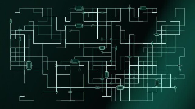 Abstract circuitry scrolling on dark teal digital background, horizontal movement, wide shot, no people