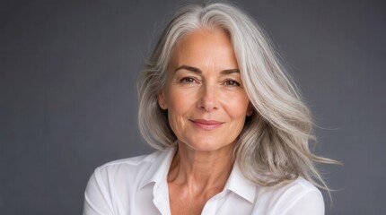 Fototapeta premium Portrait of beautiful mature woman with silver hair displaying graceful and healthy aging