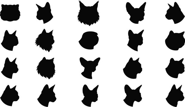 Set of black silhouettes of cat heads showcasing different breeds and facial profiles