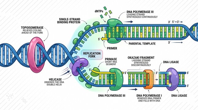 DNA Replication Fork Diagram with Molecular Processes and Enzymes