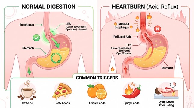 Heartburn and Acid Reflux Medical Infographic with Common Triggers