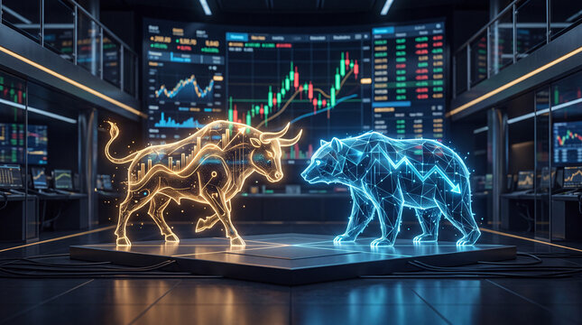 Symbolischer Holographischer Stier und B&auml;r auf dem B&ouml;rsenparkett, mit digitalen Kursdaten im Hintergrund