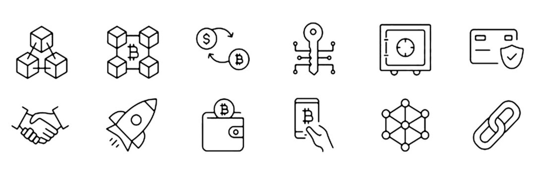 Blockchain icon set. Cryptocurrency and decentralized technology related line icons: ledger, chain, bitcoin, security, digital currency, smart contract, node, crypto wallet and more.
