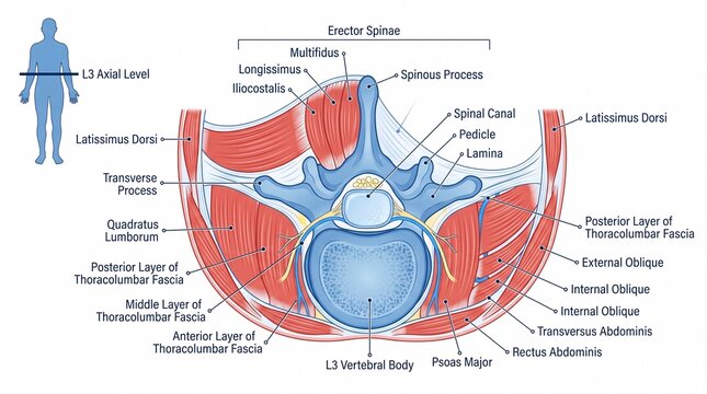 Human Anatomy Cross Section of L3 Vertebral Level and Core Muscles