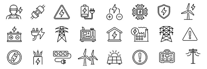Electricity icons set representing power generation, energy supply, electrical systems, voltage, circuits, charging, lighting and industrial electric infrastructure.  © verne