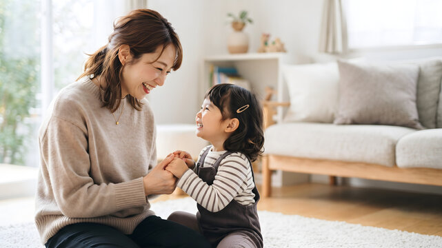 明るい部屋の床に座り見つめ合って手をつなぎ微笑み合う母親と小さな女の子