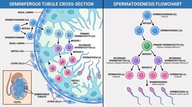 Spermatogenesis Flowchart and Seminiferous Tubule Anatomy Diagram
