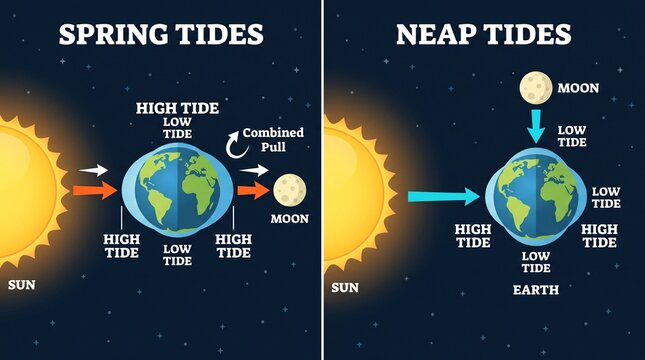 Spring and Neap Tides Educational Diagram with Gravitational Pull