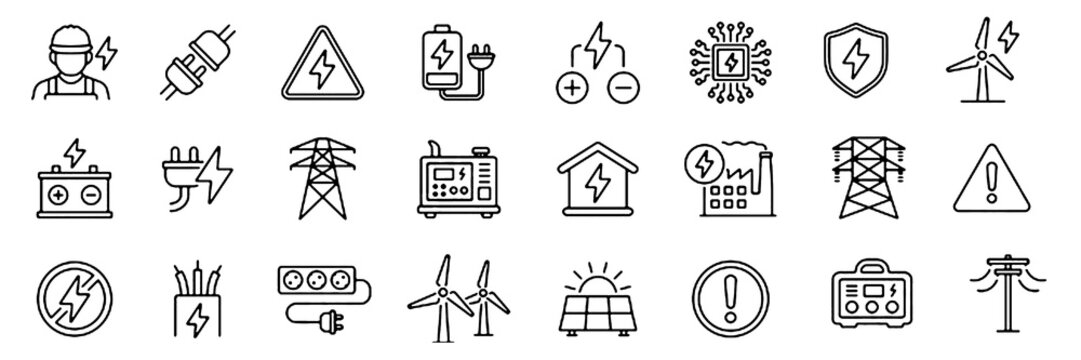 Electricity icons set representing power generation, energy supply, electrical systems, voltage, circuits, charging, lighting and industrial electric infrastructure.
