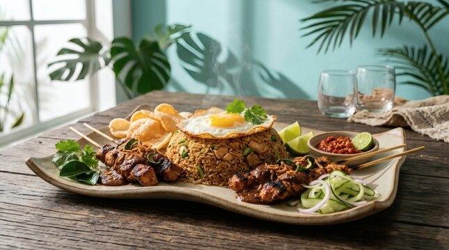 Traditional indonesian nasi goreng served with chicken satay skewers and peanut sauce on stone plate with fried egg on top and crackers and lime and spicy sambal on wooden table near sunny window.
