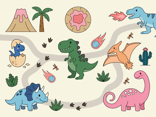 Cute Cartoon Dinosaur and Prehistoric Element Illustration Set © Arfi