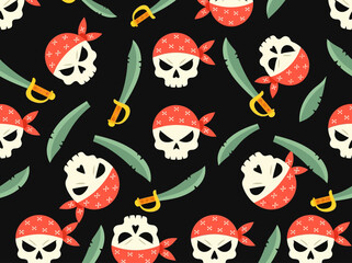 Seamless Pirate Pattern with Skulls in Red Bandanas and Cutlass Swords on Black