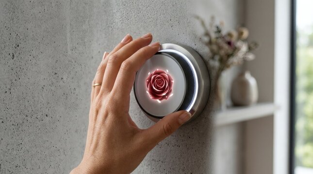 Woman adjusting modern smart home thermostat with glowing rose flower graphic on digital display mounted on gray concrete 
