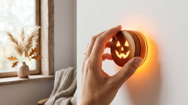 Woman adjusting home thermostat with festive glowing jack o lantern design on digital display mounted on white wall in cozy living room with blurred background