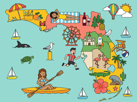 Florida State Tourism Map Illustration with Beach Activities and Wildlife Icons