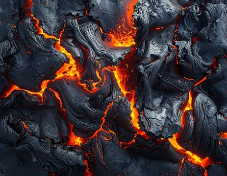 Molten lava cracks burning embers.