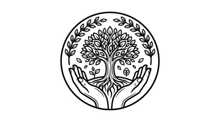 Dynamic Black and White Tree of Life with Hands Cradling Roots in Circular Seal Design with high quality professional line art symbols for modern creative design and digital branding projects © nur