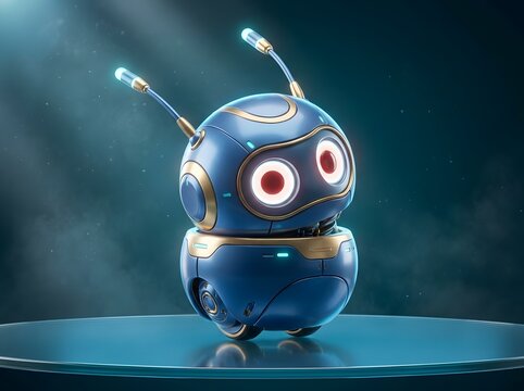 Cute robot character with glowing eyes and antennae 3d render on blue background