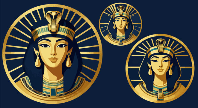 Ancient Egyptian Queen Cleopatra vector portraits, golden pharaoh goddess emblems on dark blue background, royal female monarch icons
