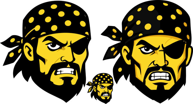Pirate mascot vector head, angry buccaneer with eye patch and bandana, yellow and black sea captain character for sports team logo and gaming