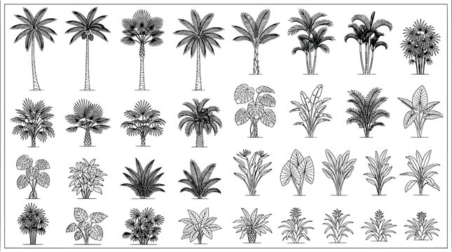 Set of tropical palm trees and exotic plants, hand drawn sketch illustration