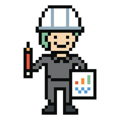 Fototapeta premium Cartoon safety engineer man worker factory industry with 8 bit cute pixel art.