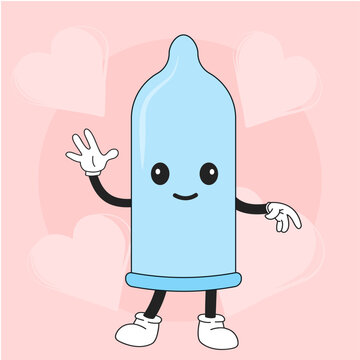 Funny Waving Condom Cartoon Character