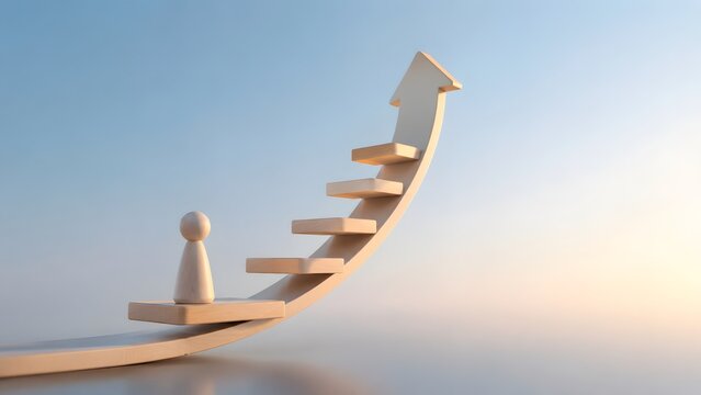 Career growth and exponential business progress concept featuring a wooden figure climbing an upward curving arrow